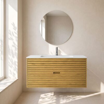 Stripes snedker badmøbel 120 cm med rund kompositvask - Natur eg Stripes snedker badmøbel 120 cm med rund kompositvask - Natur eg