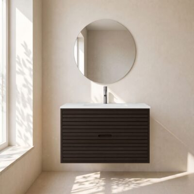 Stripes snedker badmøbel 80 cm med firkantet kompositvask - Mørk eg Stripes snedker badmøbel 80 cm med firkantet kompositvask - Mørk eg